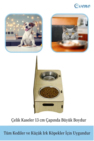 Evene Kedi Mama Kabı Kedi Su Kabı Kedi Mama ve Su Kabı Kedi Yemek Kabı 2 Çelik Kase Model 2 Açık Meşe - Resim 4