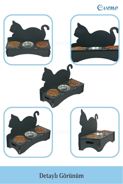Evene Mama Su Kabı Paslanmaz Çelik Taslı 3'lü Ahşap Kedi Ve Köpek Suluk Kedi Arkalıklı Model - Resim 5