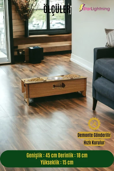 StarLightning Büyük Ahşap Kedi Mama Kabı Standı Ceviz Premium Boyalı 3'lü Paslanmaz Çelik Kaseli Model 5 - Resim 2
