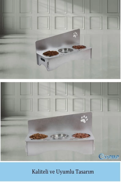 Evene Mama Su Kabı Paslanmaz Çelik Taslı 3'lü Ahşap Kedi Ve Köpek Suluk Patili Model - Resim 6