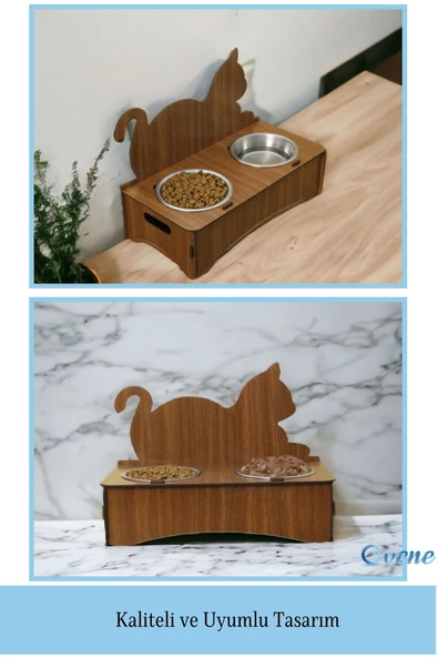 Evene Kedi Mama Kabı Kedi Su Kabı Kedi Mama ve Su Kabı Kedi Yemek Kabı 2 Çelik Kase Model 4 Ceviz - 3