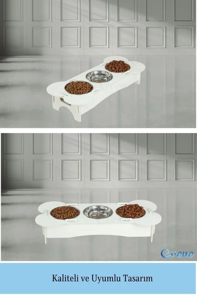 Evene Mama Su Kabı Paslanmaz Çelik Taslı 3'lü Ahşap Kedi Ve Köpek Suluk Kemik Model - Resim 6