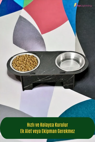 StarLightning Ahşap Kedi Mama Kabı Standı Siyah Mermer Premium Boyalı Paslanmaz Çelik Kaseli Model 1 - Resim 3