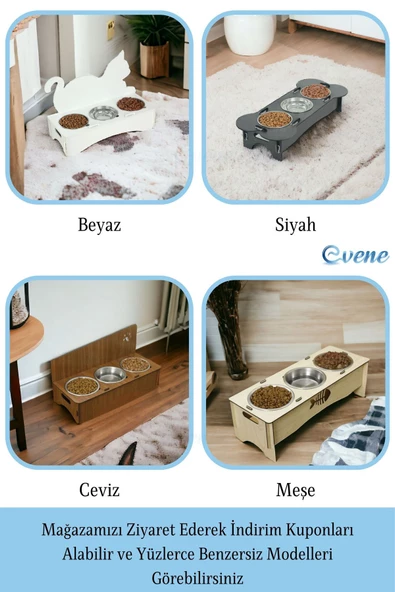 Evene Kedi Mama Kabı Kedi Su Kabı Kedi Mama ve Su Kabı Kedi Yemek Kabı 3 Çelik Kase Model 5 Ceviz - 6