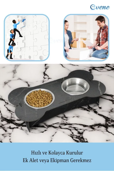 Evene Kedi Mama Kabı Kedi Su Kabı Kedi Mama ve Su Kabı Kedi Yemek Kabı 2 Çelik Kase Model 3 Siyah Mermer - 5