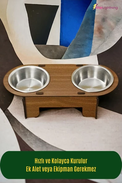 StarLightning Ahşap Kedi Mama Kabı Standı Ceviz Premium Boyalı Paslanmaz Çelik Kaseli Model 1 - Resim 3