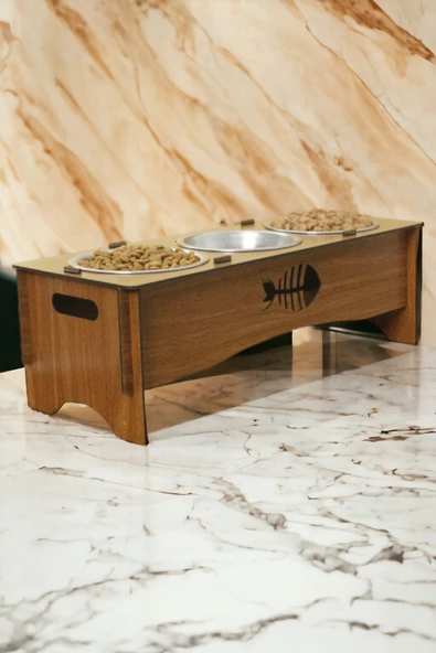 StarLightning Büyük Ahşap Kedi Mama Kabı Standı Ceviz Premium Boyalı 3'lü Paslanmaz Çelik Kaseli Model 5 ürün görseli 1