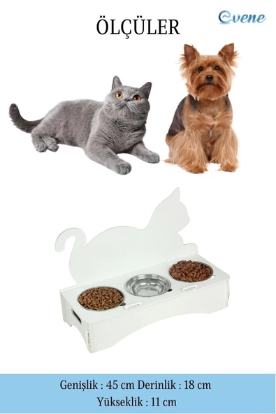 Evene Mama Su Kabı Paslanmaz Çelik Taslı 3'lü Ahşap Kedi Ve Köpek Suluk Kedi Arkalıklı Model - 2