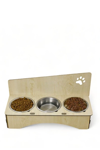 Evene Kedi Mama Kabı Kedi Su Kabı Kedi Mama ve Su Kabı Kedi Yemek Kabı 3 Çelik Kase Model 2 Açık Meşe ürün görseli 1