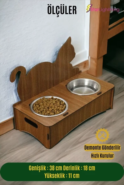 StarLightning Ahşap Kedi Mama Kabı Standı Ceviz Premium Boyalı Paslanmaz Çelik Kaseli Model 4 - Resim 2