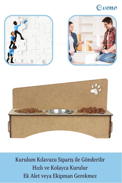 Evene Mama Su Kabı Paslanmaz Çelik Taslı 3'lü Ahşap Kedi Ve Köpek Suluk Patili Model - Resim 4