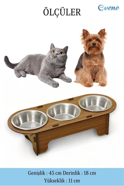 Evene Kedi Mama Kabı Kedi Su Kabı Kedi Mama ve Su Kabı Kedi Yemek Kabı 3 Çelik Kase Model 1 Ceviz - 2