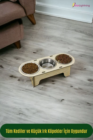 StarLightning Büyük Ahşap Kedi Mama Kabı Standı Bej Premium Boyalı 3'lü Paslanmaz Çelik Kaseli Model 1 - 4
