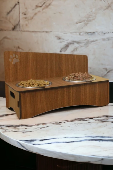 StarLightning Ahşap Kedi Mama Kabı Standı Ceviz Premium Boyalı Paslanmaz Çelik Kaseli Model 2 ürün görseli 1