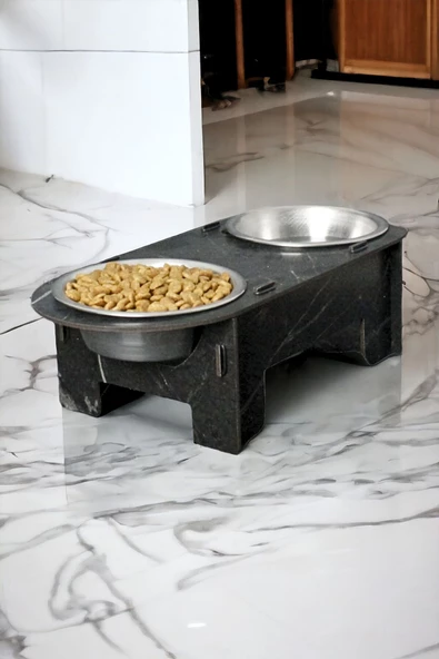 StarLightning Ahşap Kedi Mama Kabı Standı Siyah Mermer Premium Boyalı Paslanmaz Çelik Kaseli Model 1 ürün görseli 1