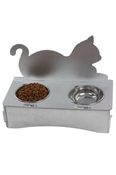 Evene Mama Su Kabı Paslanmaz Çelik Taslı 2'li Ahşap Kedi Ve Köpek Suluk Kedi Arkalık Model ürün görseli 1