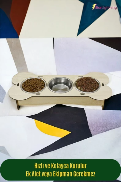 StarLightning Büyük Ahşap Kedi Mama Kabı Standı Bej Premium Boyalı 3'lü Paslanmaz Çelik Kaseli Model 3 - Resim 3