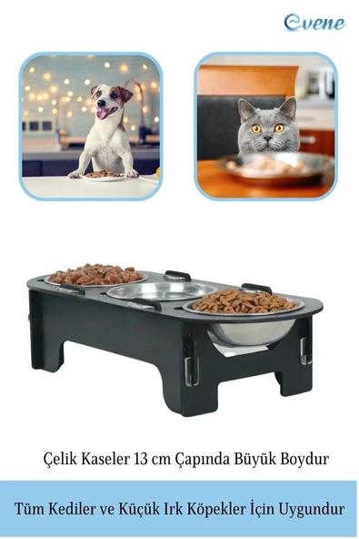 Evene Mama Su Kabı Paslanmaz Çelik Taslı 3'lü Ahşap Kedi Ve Köpek Suluk Oval Model - Resim 3