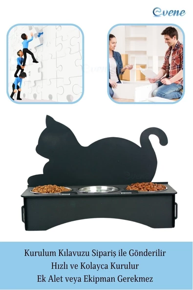 Evene Mama Su Kabı Paslanmaz Çelik Taslı 3'lü Ahşap Kedi Ve Köpek Suluk Kedi Arkalıklı Model - Resim 4