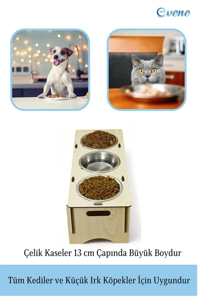 Evene Kedi Mama Kabı Kedi Su Kabı Kedi Mama ve Su Kabı Kedi Yemek Kabı 3 Çelik Kase Model 5 Açık Meşe - 4