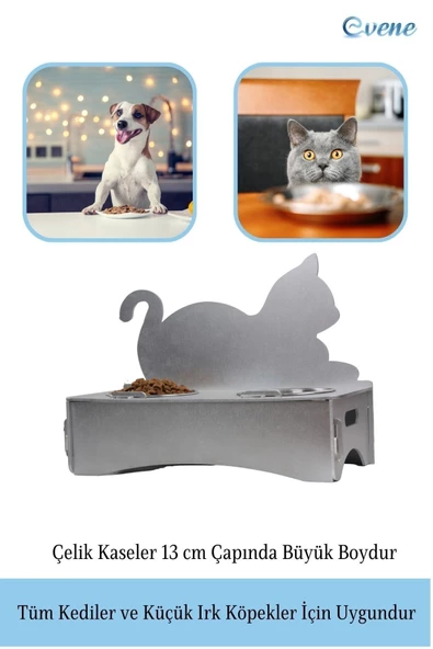 Evene Mama Su Kabı Paslanmaz Çelik Taslı 2'li Ahşap Kedi Ve Köpek Suluk Kedi Arkalık Model - Resim 3