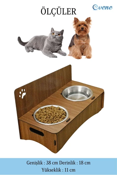 Evene Kedi Mama Kabı Kedi Su Kabı Kedi Mama ve Su Kabı Kedi Yemek Kabı 2 Çelik Kase Model 2 Ceviz - 2