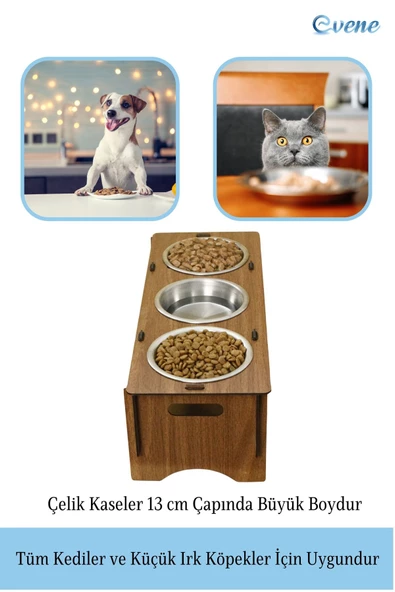 Evene Kedi Mama Kabı Kedi Su Kabı Kedi Mama ve Su Kabı Kedi Yemek Kabı 3 Çelik Kase Model 5 Ceviz - 4