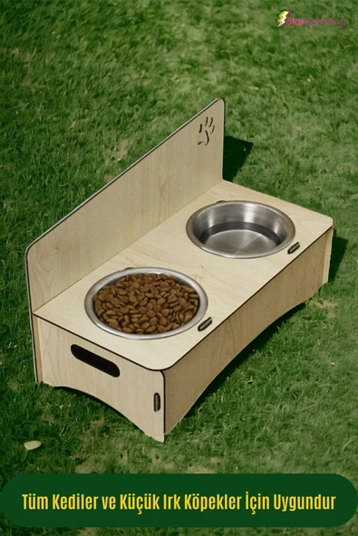 StarLightning Ahşap Kedi Mama Kabı Standı Açık Meşe Premium Boyalı Paslanmaz Çelik Kaseli Model 2 - Resim 4