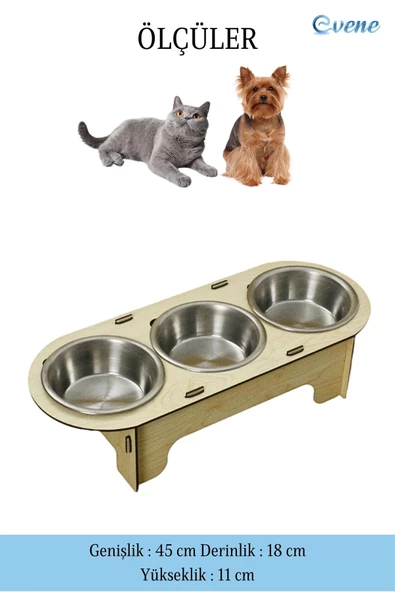 Evene Kedi Mama Kabı Kedi Su Kabı Kedi Mama ve Su Kabı Kedi Yemek Kabı 3 Çelik Kase Model 1 Açık Meşe - 2