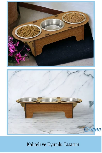 Evene Kedi Mama Kabı Kedi Su Kabı Kedi Mama ve Su Kabı Kedi Yemek Kabı 3 Çelik Kase Model 1 Ceviz - 3