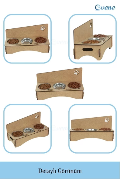Evene Mama Su Kabı Paslanmaz Çelik Taslı 3'lü Ahşap Kedi Ve Köpek Suluk Patili Model - Resim 5