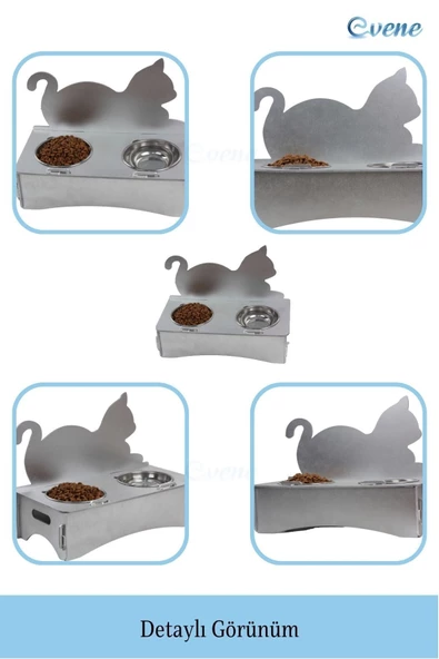 Evene Mama Su Kabı Paslanmaz Çelik Taslı 2'li Ahşap Kedi Ve Köpek Suluk Kedi Arkalık Model - Resim 5