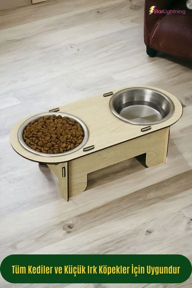 StarLightning Ahşap Kedi Mama Kabı Standı Açık Meşe Premium Boyalı Paslanmaz Çelik Kaseli Model 1 - Resim 4