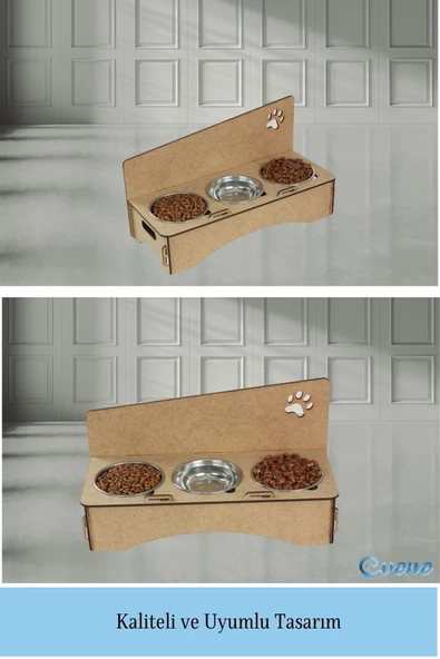 Evene Mama Su Kabı Paslanmaz Çelik Taslı 3'lü Ahşap Kedi Ve Köpek Suluk Patili Model - Resim 6