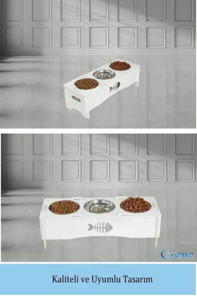 Evene Mama Su Kabı Paslanmaz Çelik Taslı 3'lü Ahşap Kedi Ve Köpek Suluk Balıklı Model - Resim 6