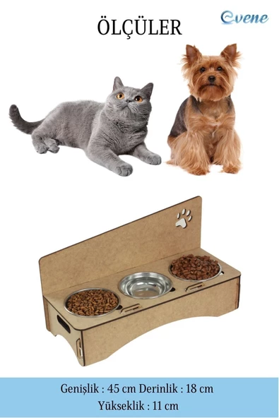 Evene Mama Su Kabı Paslanmaz Çelik Taslı 3'lü Ahşap Kedi Ve Köpek Suluk Patili Model - Resim 2