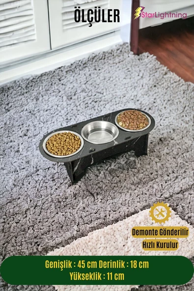 StarLightning Büyük Ahşap Kedi Mama Kabı Standı Siyah Mermer Premium Boyalı 3'lü Paslanmaz Çelik Kaseli Model 1 - Resim 2