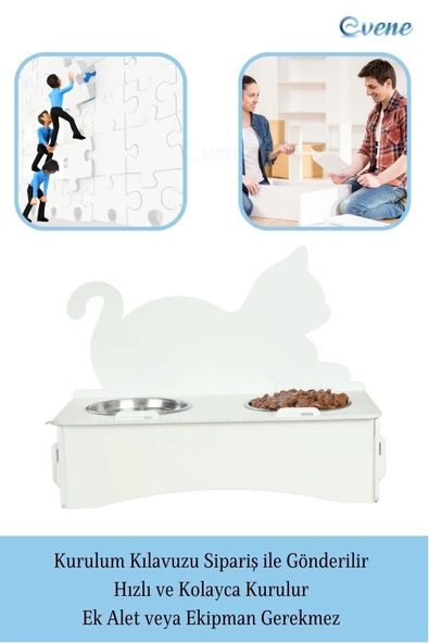 Evene Mama Su Kabı Paslanmaz Çelik Taslı 2'li Ahşap Kedi Ve Köpek Suluk Kedi Arkalık Model - Resim 4