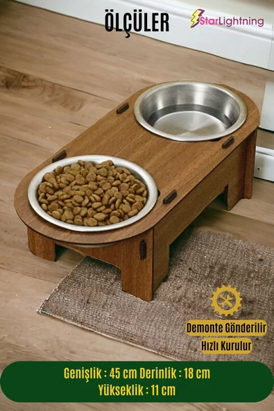 StarLightning Büyük Ahşap Kedi Mama Kabı Standı Ceviz Premium Boyalı 3'lü Paslanmaz Çelik Kaseli Model 1 - Resim 2