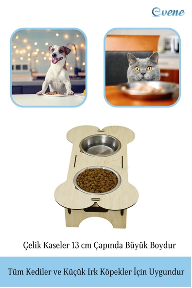 Evene Kedi Mama Kabı Kedi Su Kabı Kedi Mama ve Su Kabı Kedi Yemek Kabı 2 Çelik Kase Model 3 Açık Meşe - Resim 4