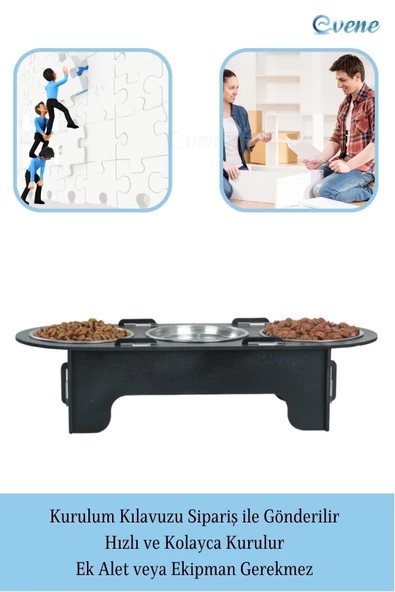 Evene Mama Su Kabı Paslanmaz Çelik Taslı 3'lü Ahşap Kedi Ve Köpek Suluk Oval Model - Resim 4