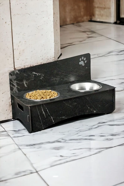 StarLightning Ahşap Kedi Mama Kabı Standı Siyah Mermer Premium Boyalı Paslanmaz Çelik Kaseli Model 2 ürün görseli 1