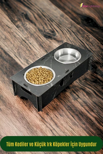 StarLightning Ahşap Kedi Mama Kabı Standı Siyah Mermer Premium Boyalı Paslanmaz Çelik Kaseli Model 5 - Resim 4