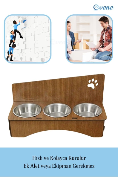 Evene Kedi Mama Kabı Kedi Su Kabı Kedi Mama ve Su Kabı Kedi Yemek Kabı 3 Çelik Kase Model 2 Ceviz - 5