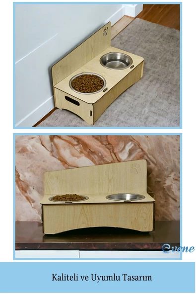 Evene Kedi Mama Kabı Kedi Su Kabı Kedi Mama ve Su Kabı Kedi Yemek Kabı 2 Çelik Kase Model 2 Açık Meşe - Resim 3