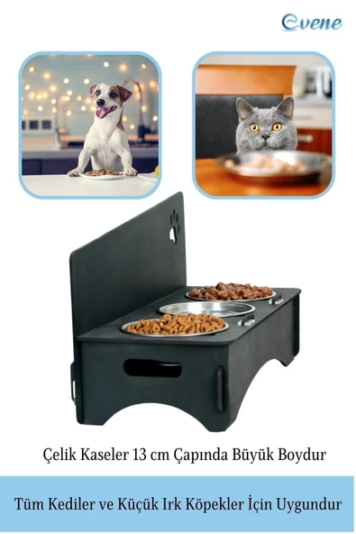 Evene Mama Su Kabı Paslanmaz Çelik Taslı 3'lü Ahşap Kedi Ve Köpek Suluk Patili Model - Resim 3