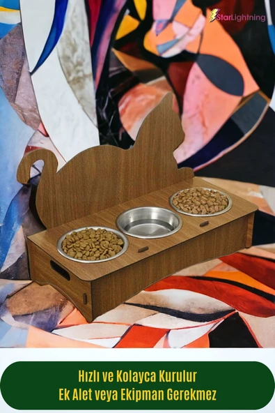 StarLightning Büyük Ahşap Kedi Mama Kabı Standı Ceviz Premium Boyalı 3'lü Paslanmaz Çelik Kaseli Model 4 - Resim 3