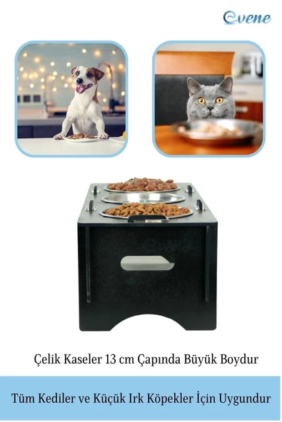 Evene Mama Su Kabı Paslanmaz Çelik Taslı 3'lü Ahşap Kedi Ve Köpek Suluk Balıklı Model - Resim 3