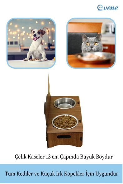 Evene Kedi Mama Kabı Kedi Su Kabı Kedi Mama ve Su Kabı Kedi Yemek Kabı 2 Çelik Kase Model 4 Ceviz - 4
