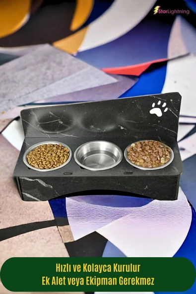 StarLightning Büyük Ahşap Kedi Mama Kabı Standı Siyah Mermer Premium Boyalı 3'lü Paslanmaz Çelik Kaseli Model 2 - Resim 3